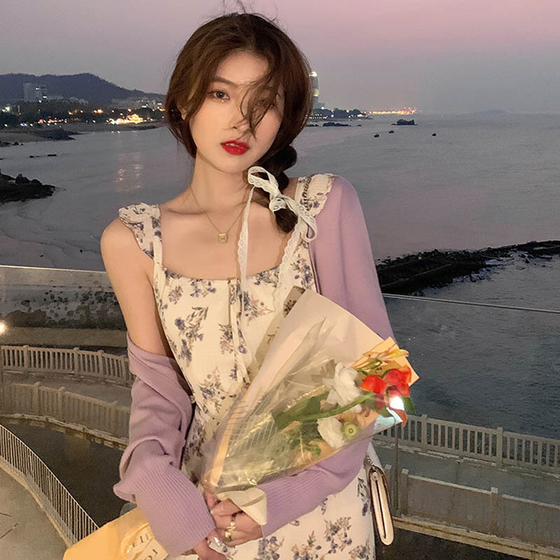 Vestido midi de alça floral elegante coreana, design feminino, praia, vintage, flor francesa, chá, quebra-up, verão 2021