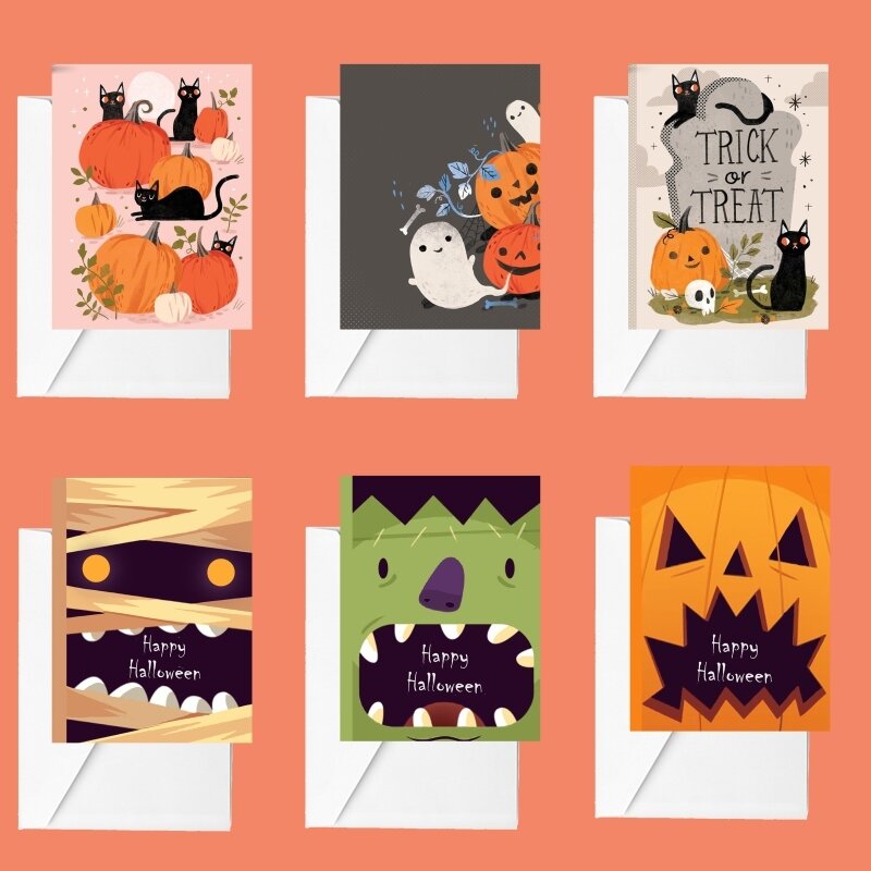 Поздравительные открытки на Хэллоуин, 6 шт., с конвертами и наклейками, 4x6 дюймов, нот-открытки размера для Хэллоуина, товары для вечеринки и п...