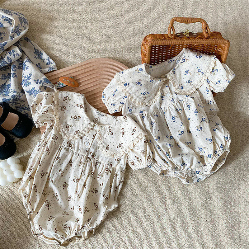 Для новорожденных, комбинезон с цветочным принтом, летнее платье с кружевом для маленьких девочек, в стиле пэчворк, с отложным воротником, б...