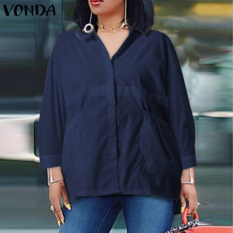 Koszule Retro bluzka VONDA kobiety jednokolorowe tunikowe bluzki damskie z długim rękawem elegancka bluzka Casual Office formalne Blusas Plus rozmiar