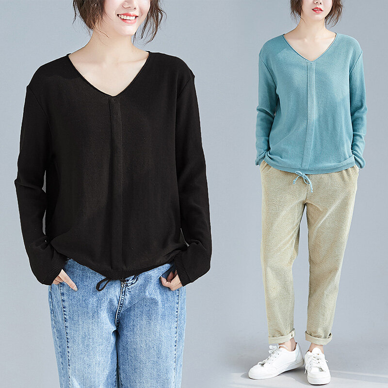 Camiseta de manga larga con cuello en V para mujer, Top de punto, ajustado, adelgazante, camiseta con cordón, Otoño, 2020