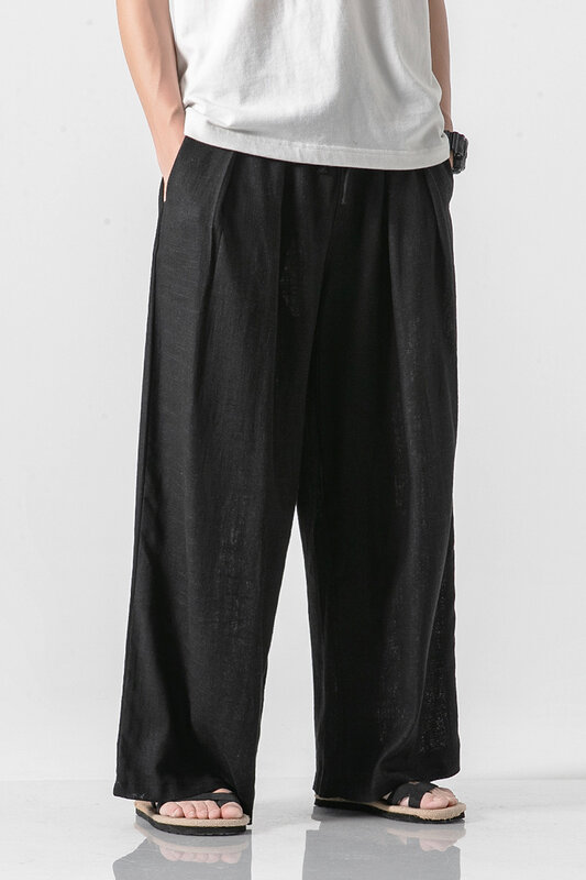 Pantaloni Hanfu da uomo in stile cinese, pantaloni larghi, pantaloni Casual dritti in cotone e lino di personalità larghi