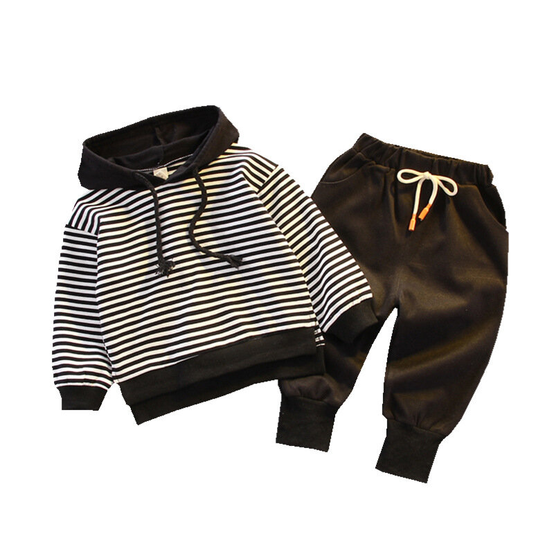 Spring and Autumn Children's Clothing Boys Striped Hooded Long Sleeve Sweater Children's Casual Loose T-shirt Two-Piece Set