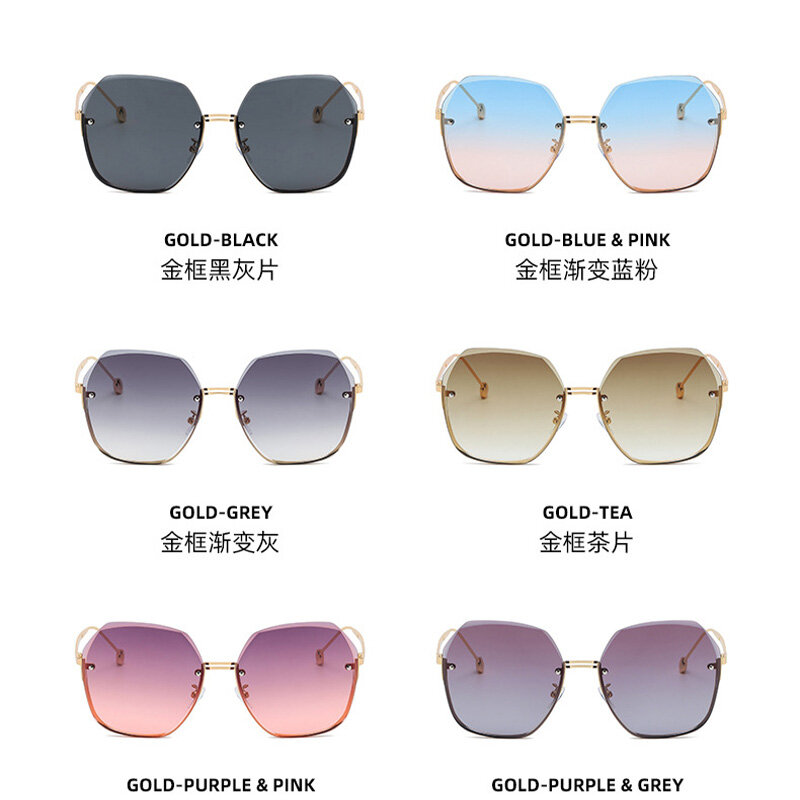 Gafas de sol sin montura para mujer, lentes de sol sin montura de diseño clásico Vintage, polígono de Metal femenino, azul y rosa, UV400