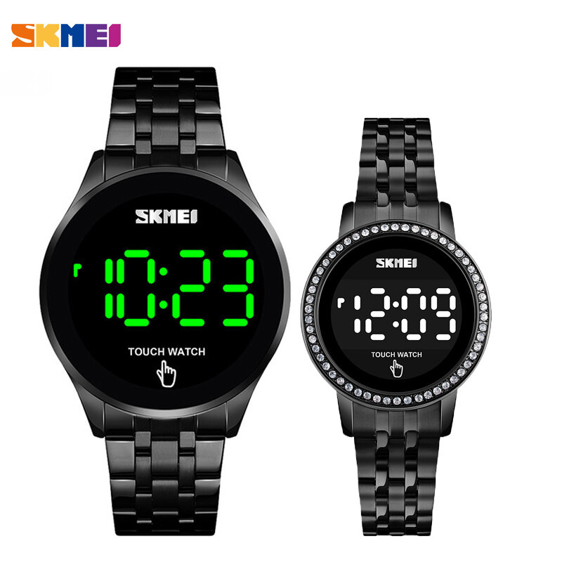 SKMEI-reloj Digital con pantalla táctil para hombre y mujer, pulsera de lujo de acero inoxidable para amantes, con LED, electrónico