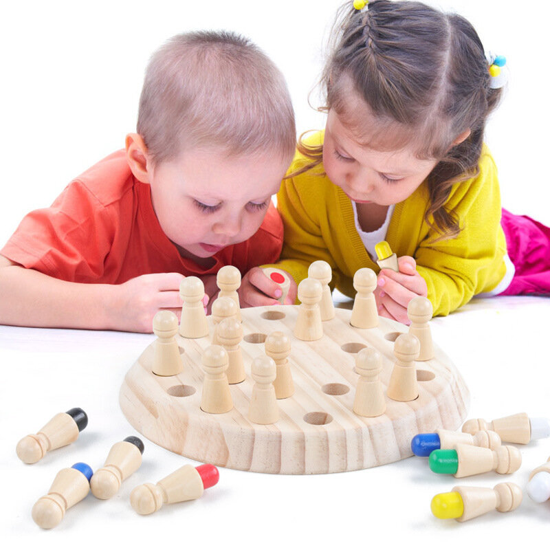 Jogo de memória de xadrez infantil, divertido e educativo jogo de tabuleiro de madeira, colorido, estimula a habilidade cognitiva