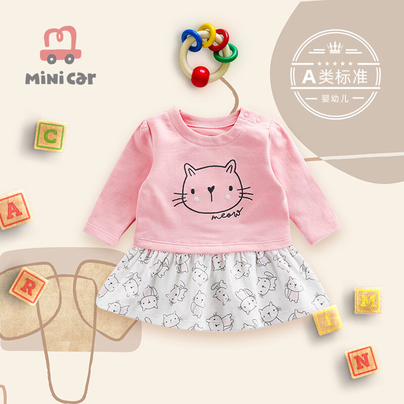 Falda de bebé de dibujos animados rosa para primavera y otoño, falda de manga larga para niños, falda de una pieza para niña
