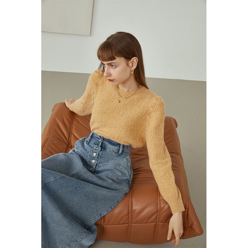 FANSILANEN-suéteres de punto para mujer, Jersey de manga abombada de Color sólido, ropa para mujer, Tops de cuello redondo, jerséis de manga larga, otoño 2021