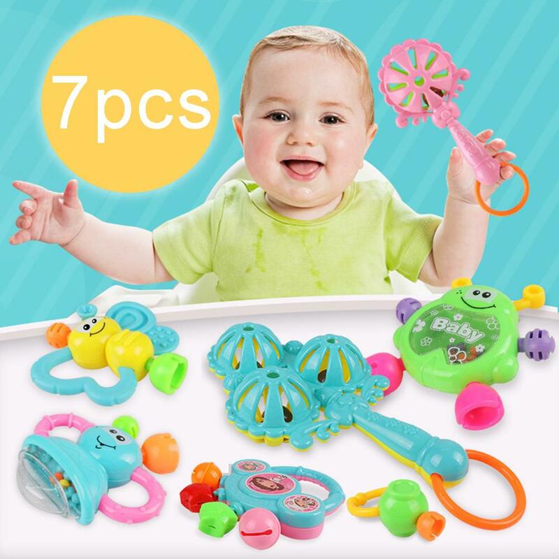 Chocalho de plástico para bebês, brinquedo musical de brinquedo para mordedor de 0-12 meses, 7 peças