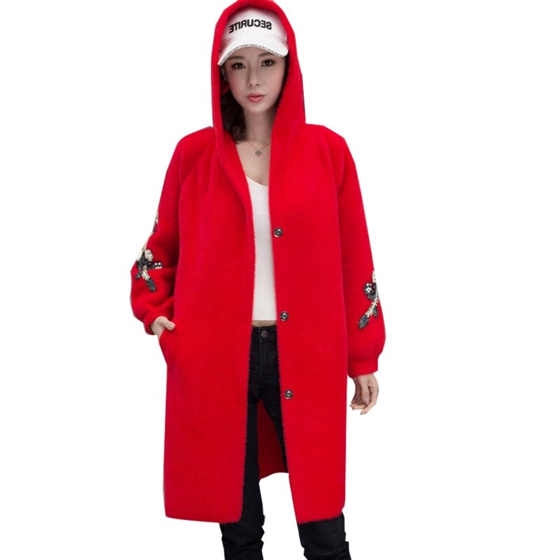 Women Long Sleeves Hooded Knitted Cardigan Single-breasted Embroidered Overcoat X3UE