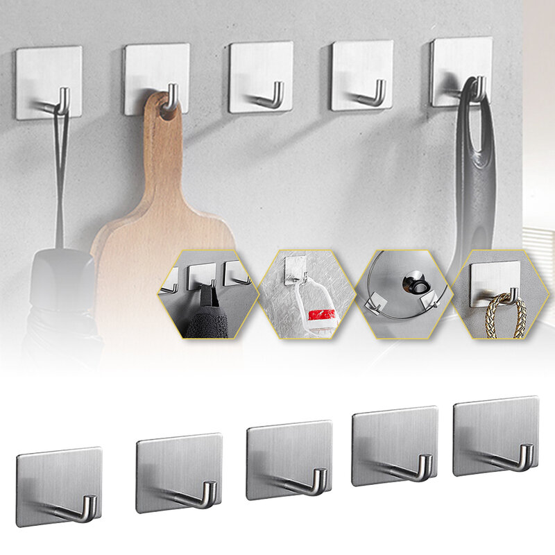 Ganchos autoadesivos de 5 pces gancho de aço inoxidável fixado na parede para a cozinha do banheiro