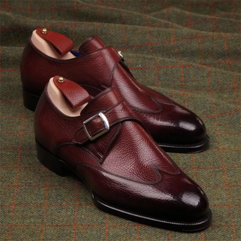 Men 'S High-End Burgundy PU ลิ้นจี่รูปแบบ Pointed Toe Single Buckle ส้นสบายสบายแฟชั่น Monk รองเท้า ZQ0032