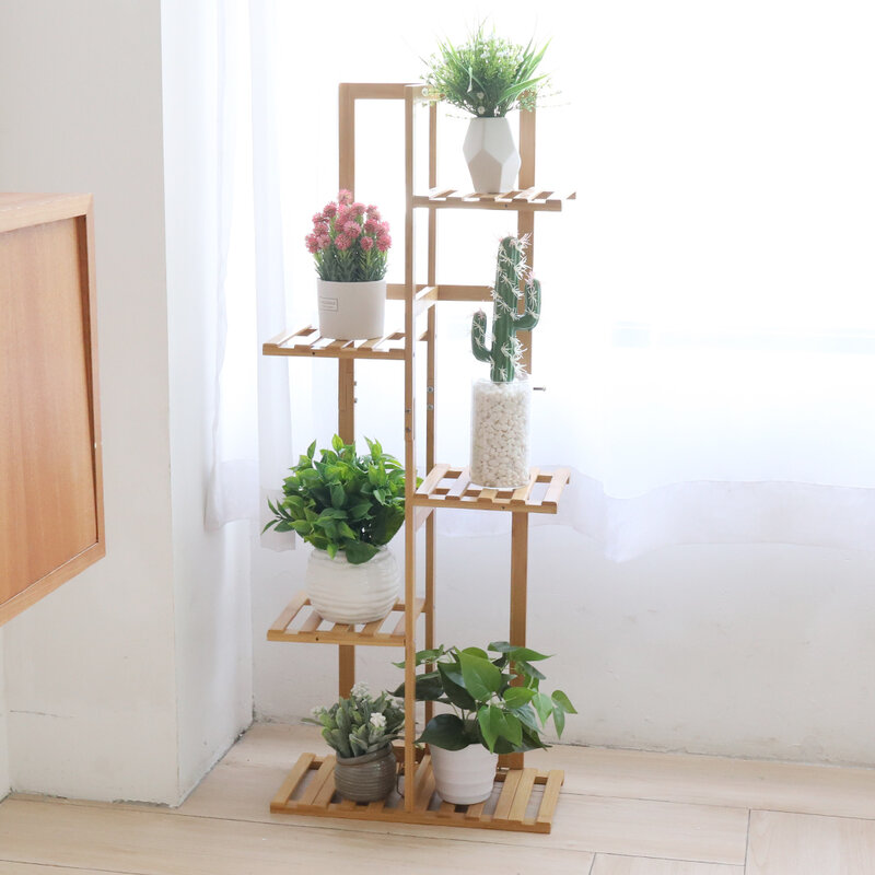 竹製の植木鉢ラック,屋内または屋外の棚,パティオ用の長方形の棚,5または6個