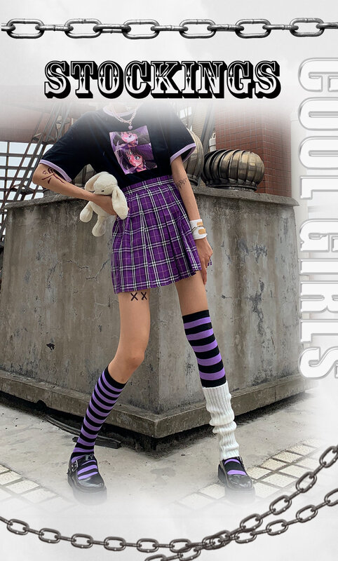 Tukucai listrado meias crianças bezerro meias sobre o joelho meias e-esportes estilo feminino alta-topo escuro japonês punk moda jk