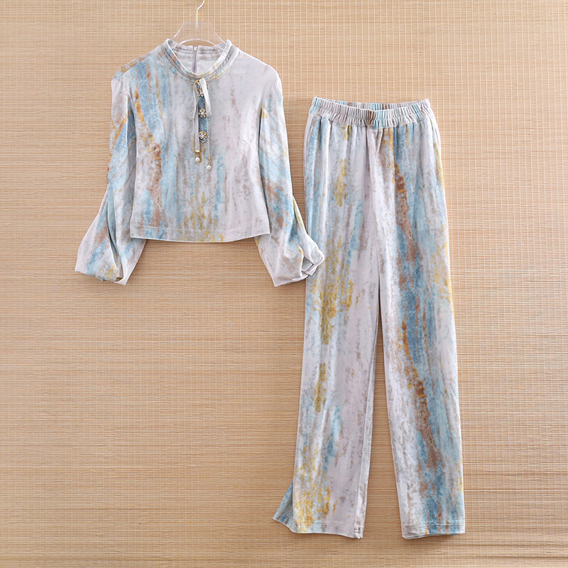 High-end Women Set  Spring Autumn Vintage Print Coat Top + Wide Leg Pants Elegant Lady Casual Velvet Suit Set S-XXL
