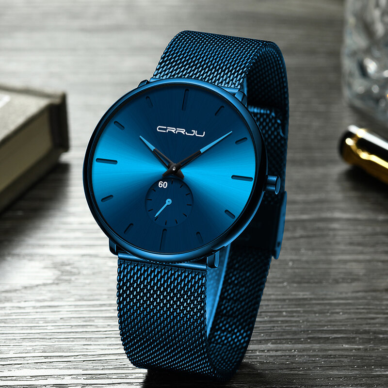 Crrju ultra fino azul aço inoxidável relógios de quartzo homens simples negócios moda japão relógio de pulso masculino relogio masculino