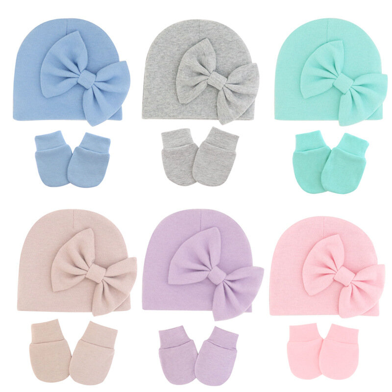 Autunno e inverno morbido cappello e guanti caldi per neonati Set tinta unita Bowknot cappellini per neonati neonate anti-presa viso proteggi guanto