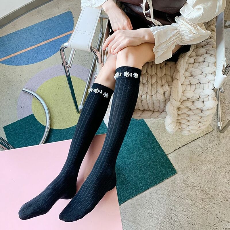 2021 outono e inverno alta tubo joelho-comprimento meias de algodão bezerro frisado cinto flor meias retro personalidade jk meias