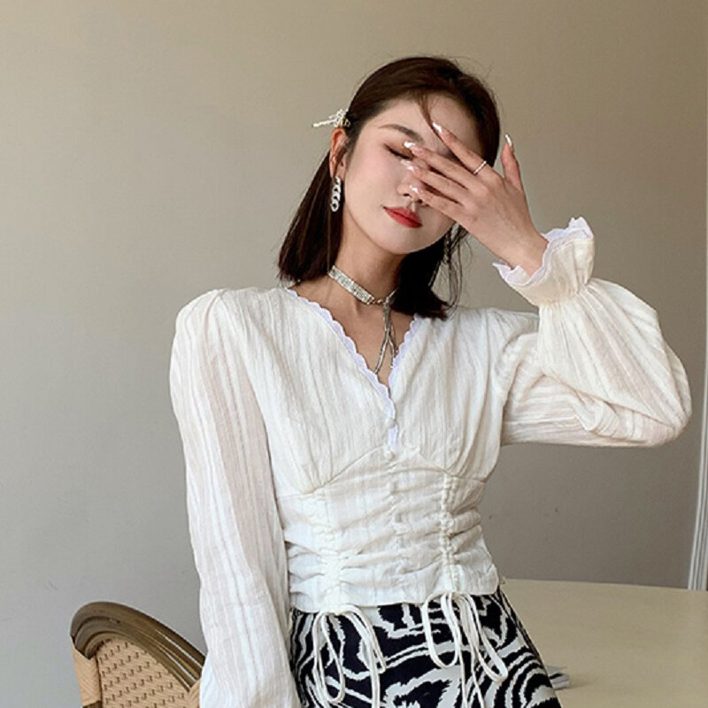 Hebe&Eos Women's Blouses And Shirts Korean Fashion Long Flare Sleeve V-neck Chic Short Blouses White Casual Tops Spring Autumn