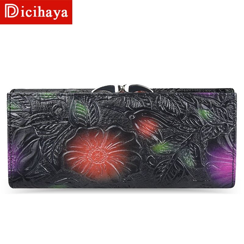 Dicihaya-女性用のエンボス加工された花が付いた革製の財布,カード,小銭入れ,電話バッグ