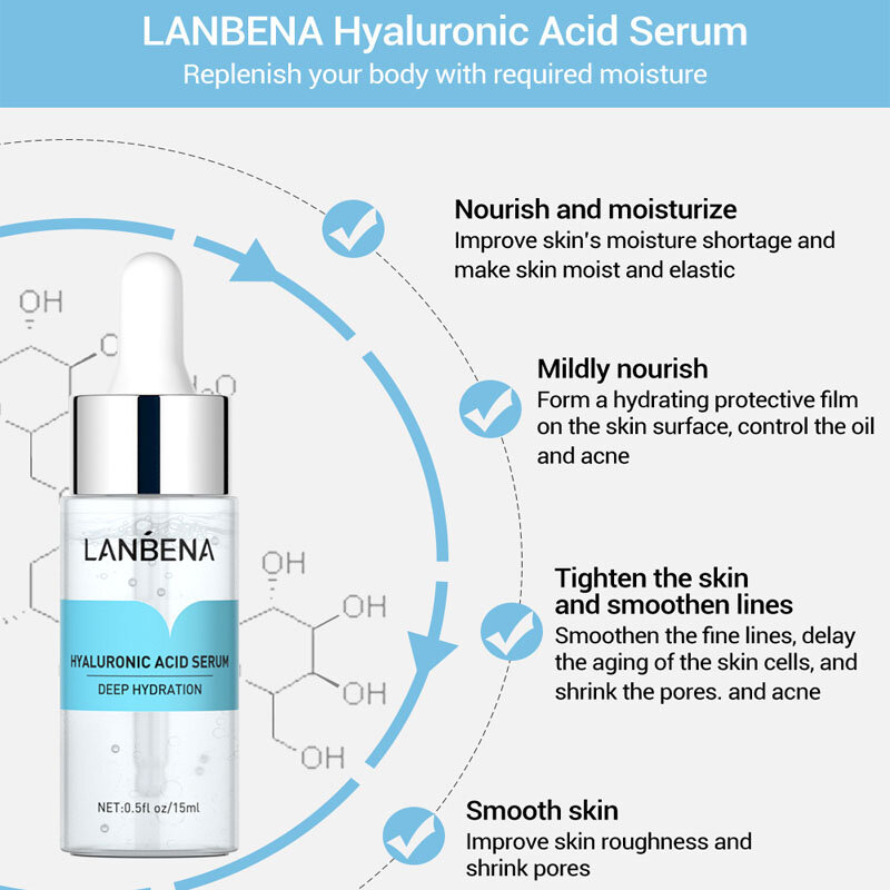 LANBENA Hyaluronic Acid Moisturizing Face Serum Shrink Pore Improve Fine Lines Brighten Whitening Moisturizing Face Essence Care