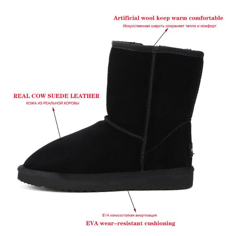 Mbr force botas de neve femininas, clássicas bota de couro bovino genuíno 100% lã, sapatos quentes para mulheres, tamanho grande 34-44