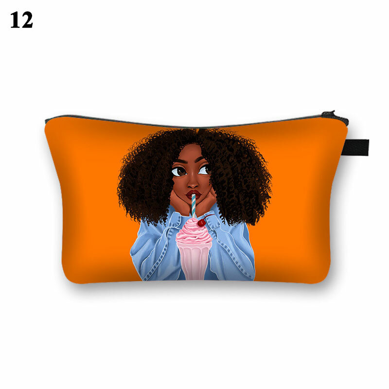 Female Travel Cosmetic Bag Cute Afro Girl Print Cosmetic Case Fashion Makeup Bag Toiletry Tool Bags Organizer Bags Pouch