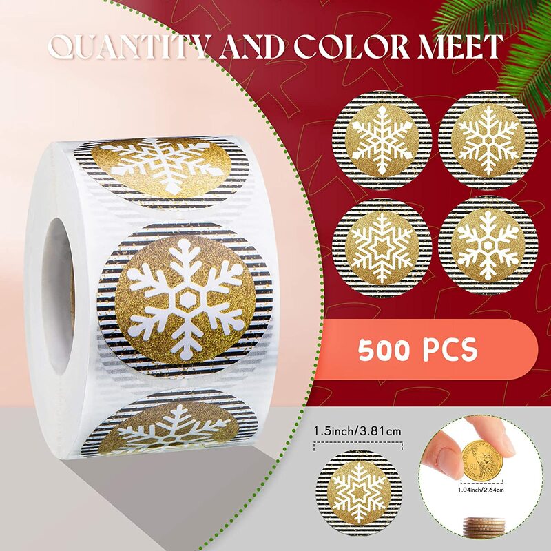 500 Pcs/roll 1.5inch Round Snowflake Pattern Case Sticker Christmas Gift Craft Packaging Labels Stationery Sticker PVC Adhesive