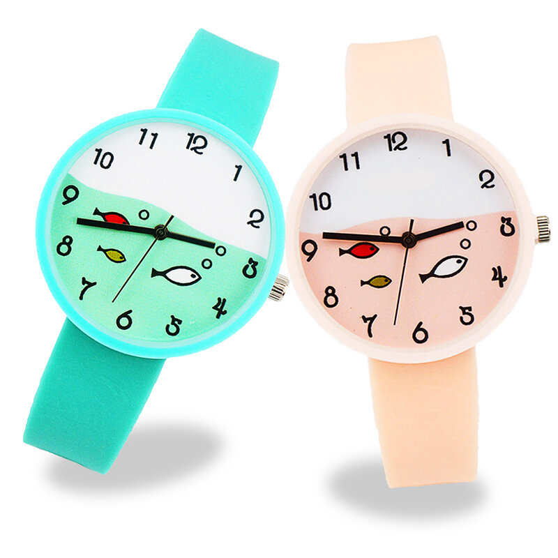 Relógio neutro feminino e masculino, relógio de pulso esportivo simples com visor de peixe pequeno, relógio de pulseira para crianças