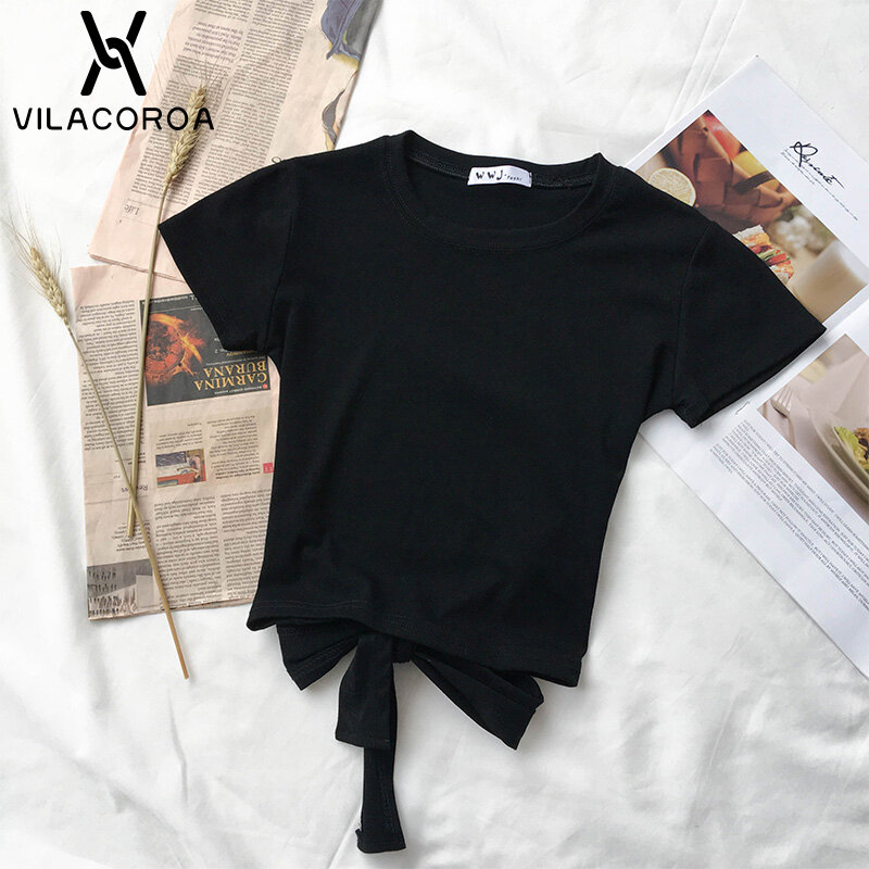2020 Summer T Shirt Women Short Sleeve Tops Harajuku Candy Colors Tee Hollow Out Short Crop Tops Bow Solid Color Tshirt Female