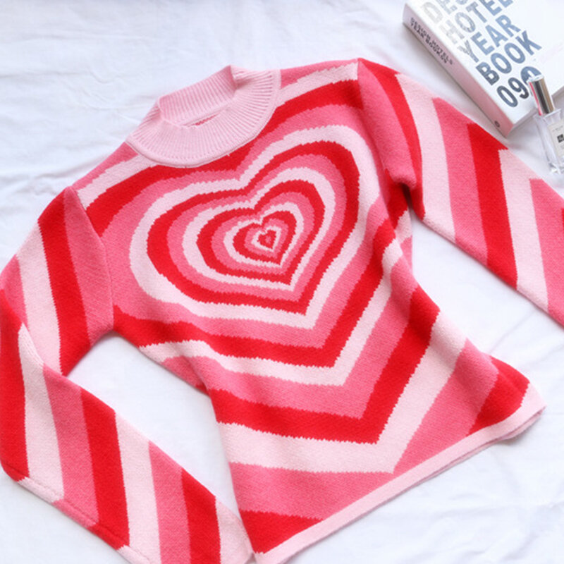 ALLNeon 2000s Aesthetics Heart Striped Turtleneck Pullovers E-girl Sweet Long Sleeve Hot Pink Sweater Harajuku Knitwear Autumn
