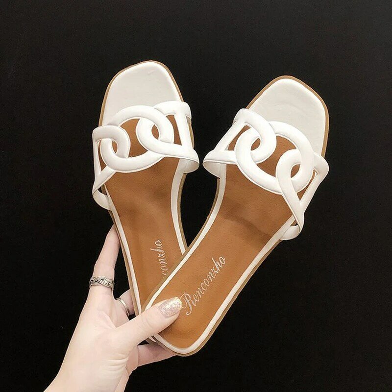 2020 New Style H Sandals Roe Drag A- line WOMEN'S Sandals Summer Diamond Shuanghuan Genuine Leather Hollow out Large Size H Slip