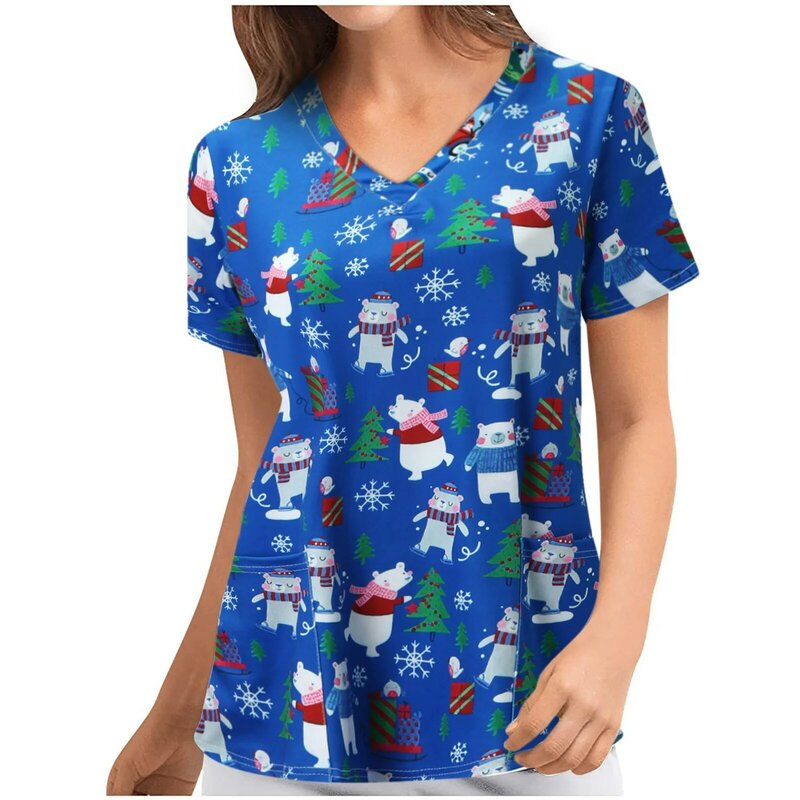 T Shirt Atasan Scrub Perawatan Wanita Cetak Kaus Klinik Seragam Tunik Perawat Kasual Atasan Pakaian Wanita Pelindung Saku V-Neck