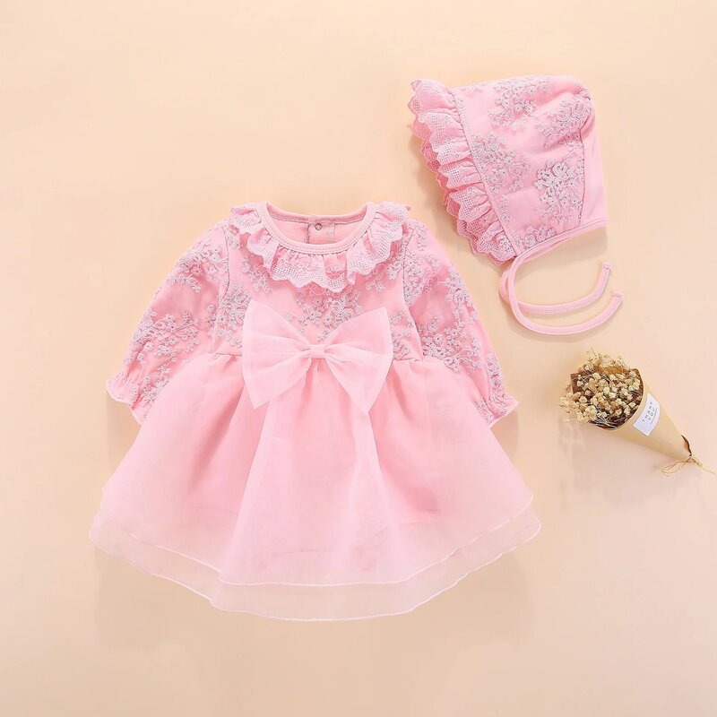 2022 New Year Girls Clothing Sets Toddler Girl Princess Pink Lace Dress Kid Baby Party Wedding Pageant Gown Formal Dresses+Hat
