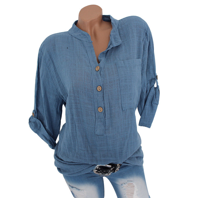Женская рубашка из хлопка и льна, с воротником-стойкой, однотонный Белый Топ 5XL, с карманами, лето-весна, 2021
