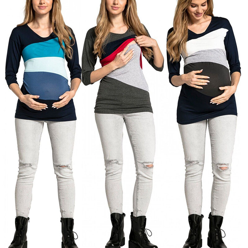 Women Short Sleeveless Casual T Shirt Maternity Nursing Breastfeeding Clothes Feeding Spring  For Pregnant Wear Patchwork Tops