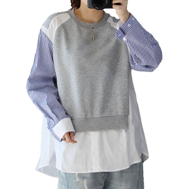 Coreano moda outono novo 2021 commute cor contraste emenda blusa em torno do pescoço manga longa falso dois solto casual