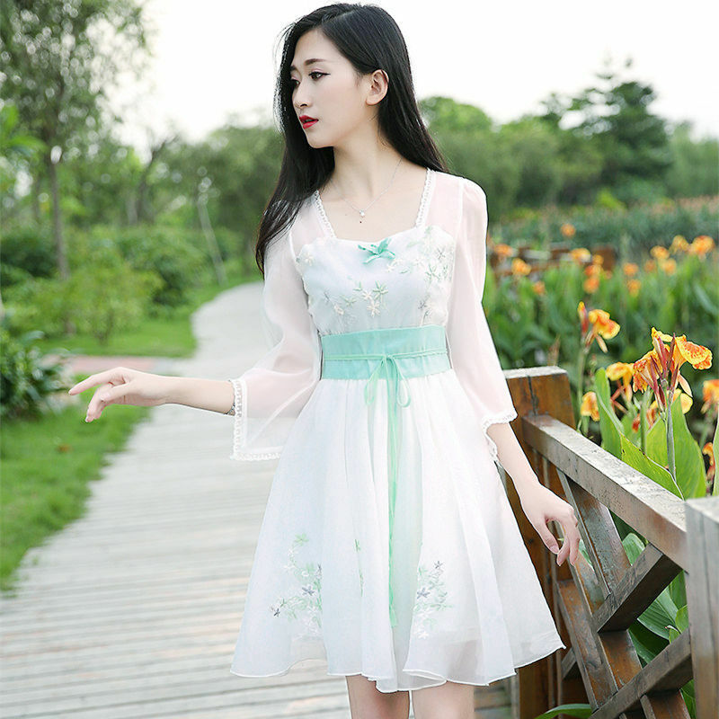요정 틈새 여름 드레스 새로운 유럽 스타일 복고풍 한 중국 의류 자수 요정 드레스 신선한 프레피 스타일 드레스