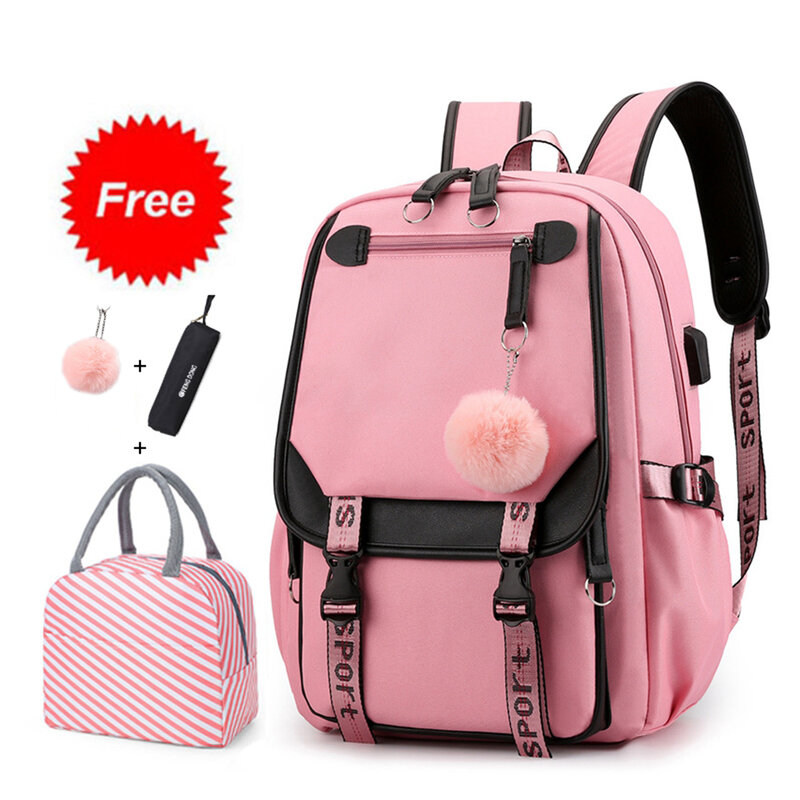 Школьный рюкзак для девочек-подростков с USB-портом для зарядки, сумка для ноутбука 15,6 дюйма, водостойкая нейлоновая школьная сумка, новинка ...