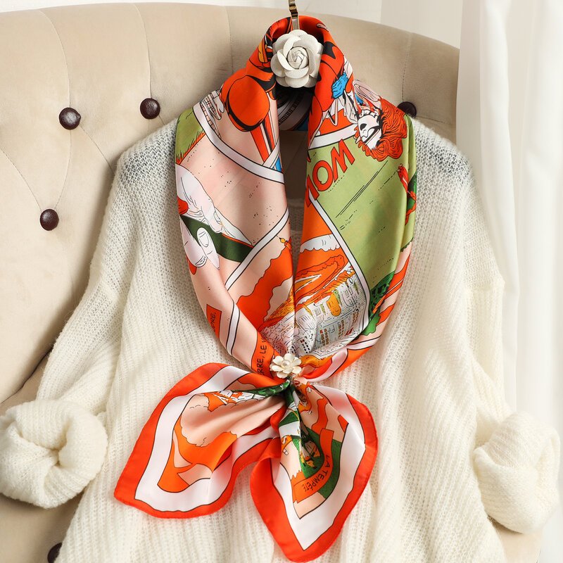 Foulard carré en Satin de soie imprimé Floral pour femmes, Hijab, marque de luxe, châle, sac enveloppant, Bandana pour cheveux, bandeau 90x90cm