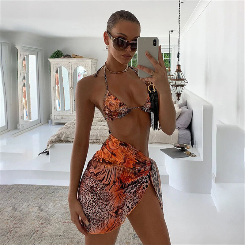 Bañador con estampado de tres piezas para Mujer, ropa de baño Sexy, Bikini brasileño, ropa de playa, gran oferta, 2021