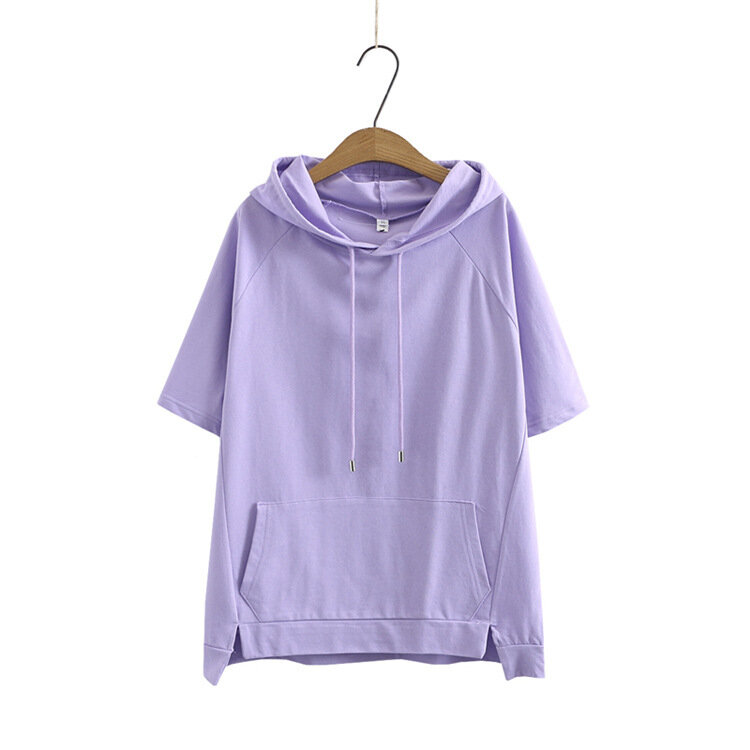 Camiseta de manga corta con capucha para mujer, Tops de talla grande con bolsillo frontal, Tops informales de verano, 5 colores, KKFY5482