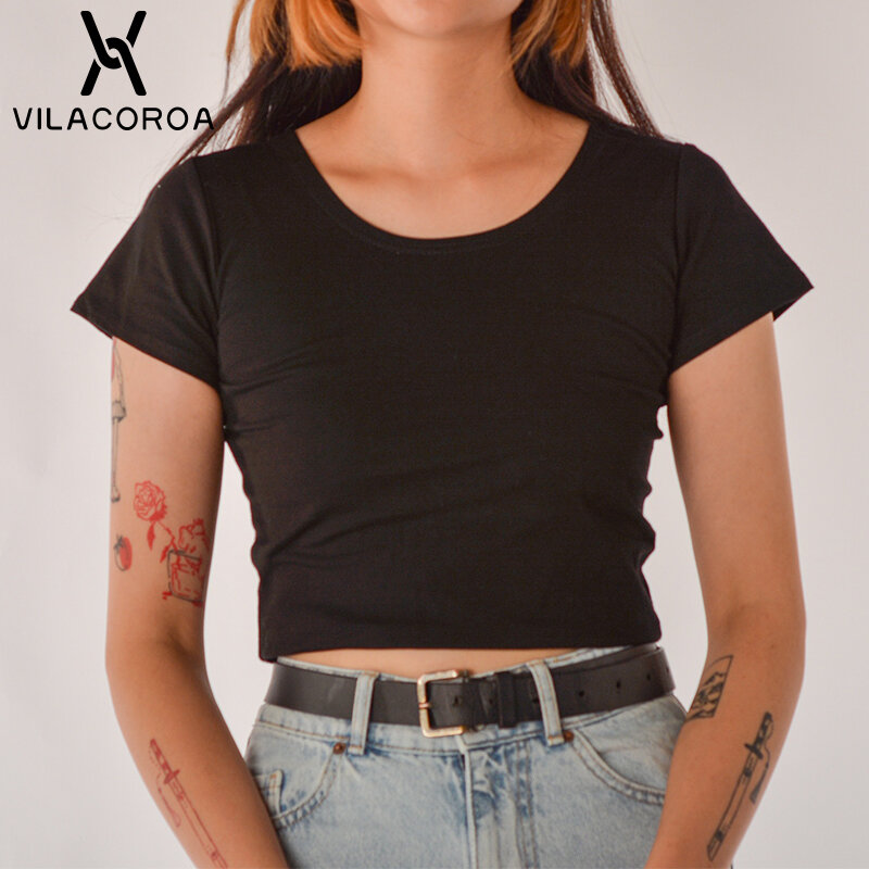 Camiseta de manga corta con cuello redondo para mujer, Camiseta básica Simple de algodón de cintura alta, Top corto ajustado, camiseta Multicolor