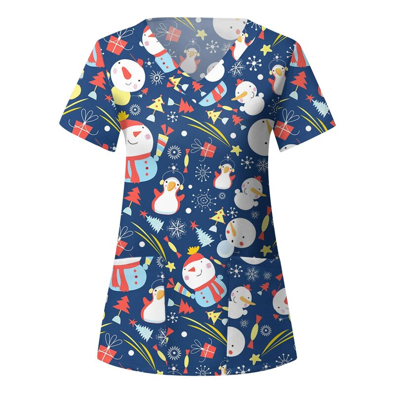 2022 Vrouwen Verpleging Korte Mouwen T-shirts Kerstman Printing V-hals Tops Werken Uniform Kerstmissneeuwman Harajuku T-shirt L * 5