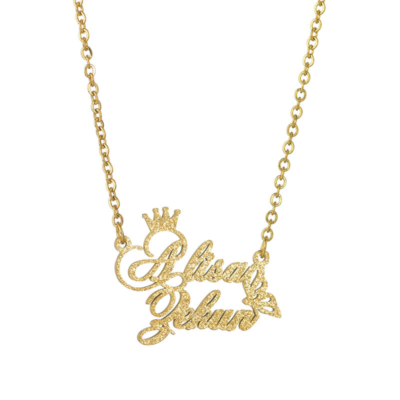 Spark Trendy Custom Frosted Double Name Necklace Gold Personalized Nameplate Crown Butterfly Necklaces For Women Jewelry Gift