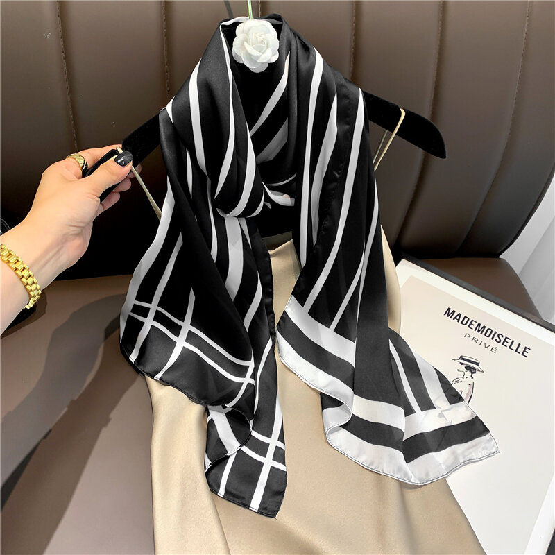 2022 New Satin Silk Skinny Scarf for Women Striped Print Shawl Lady Wrap Neck Tie Design Bandana Headband Female Foulard Muffler