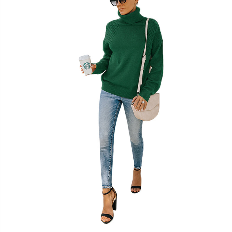 Женский осенне-зимний свитер, Женский однотонный трикотажный пуловер с высоким воротником и длинным рукавом, Женский облегающий костюм