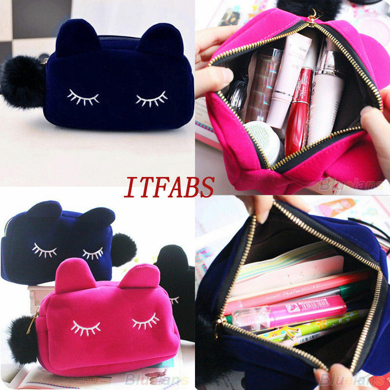 4 Colors Cartoon Cat Makeup Bags Case Box with Zipper Cosmetic School Stationery Velour Pouch Purse Travel Make Up Bag