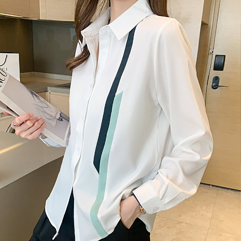 Женская шифоновая блузка с отложным воротником, осенняя рубашка популярного цвета, 2021