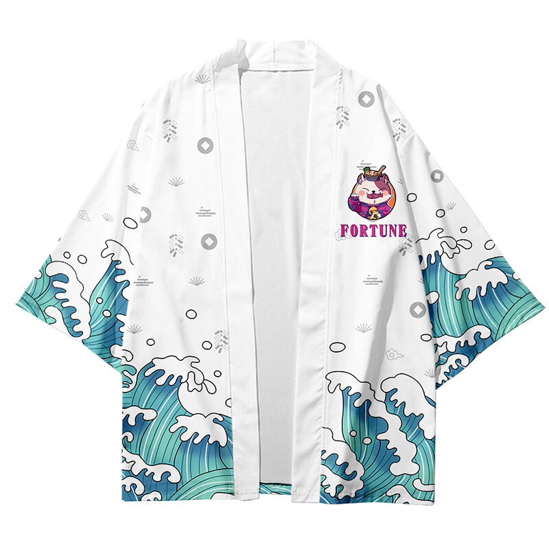 สไตล์ญี่ปุ่นแบบดั้งเดิมแฟชั่นและชุดกางเกงผู้ชาย Retro Samurai Cat พิมพ์ Kimono เสื้อคลุมฮาโอริ Yukata Obi เอเชี...